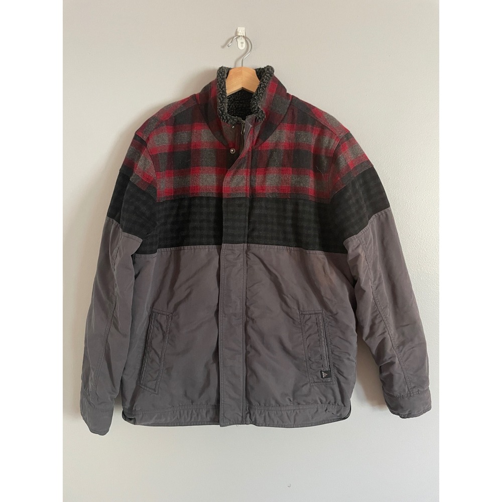 Prana Mixed Media Sherpa Lined Jacket Mens Large Grey Red Plaid Gorpcore